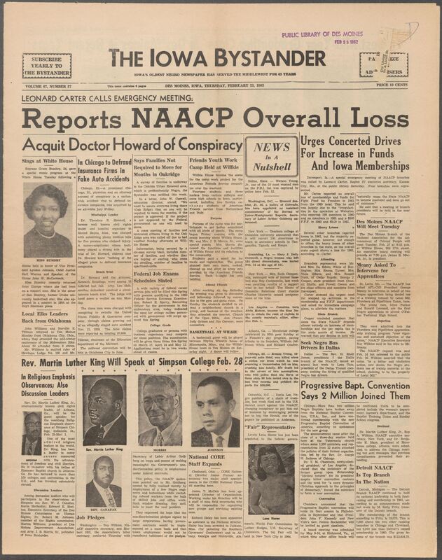 Iowa’s Bystander newspaper (going by various titles throughout the years) was established in Des Moines, Iowa in 1894. The weekly newspaper served as the voice of Iowa’s African American community and covered a variety of local, national, and occasionally international matters. Topics focused on the Black community and was founded with this intent. The newspaper went by various titles throughout the years including: Iowa State Bystander, Iowa Bystander, The Bystander, and The New Iowa Bystander.