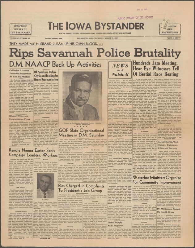 Iowa’s Bystander newspaper (going by various titles throughout the years) was established in Des Moines, Iowa in 1894. The weekly newspaper served as the voice of Iowa’s African American community and covered a variety of local, national, and occasionally international matters. Topics focused on the Black community and was founded with this intent. The newspaper went by various titles throughout the years including: Iowa State Bystander, Iowa Bystander, The Bystander, and The New Iowa Bystander.