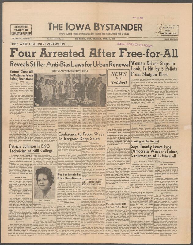 Iowa’s Bystander newspaper (going by various titles throughout the years) was established in Des Moines, Iowa in 1894. The weekly newspaper served as the voice of Iowa’s African American community and covered a variety of local, national, and occasionally international matters. Topics focused on the Black community and was founded with this intent. The newspaper went by various titles throughout the years including: Iowa State Bystander, Iowa Bystander, The Bystander, and The New Iowa Bystander.