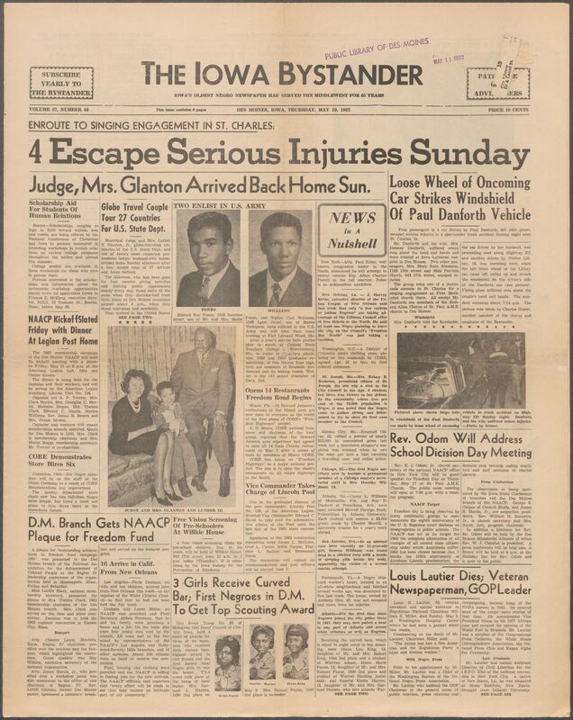 Iowa’s Bystander newspaper (going by various titles throughout the years) was established in Des Moines, Iowa in 1894. The weekly newspaper served as the voice of Iowa’s African American community and covered a variety of local, national, and occasionally international matters. Topics focused on the Black community and was founded with this intent. The newspaper went by various titles throughout the years including: Iowa State Bystander, Iowa Bystander, The Bystander, and The New Iowa Bystander.