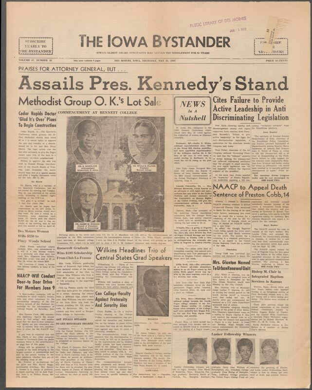 Iowa’s Bystander newspaper (going by various titles throughout the years) was established in Des Moines, Iowa in 1894. The weekly newspaper served as the voice of Iowa’s African American community and covered a variety of local, national, and occasionally international matters. Topics focused on the Black community and was founded with this intent. The newspaper went by various titles throughout the years including: Iowa State Bystander, Iowa Bystander, The Bystander, and The New Iowa Bystander.