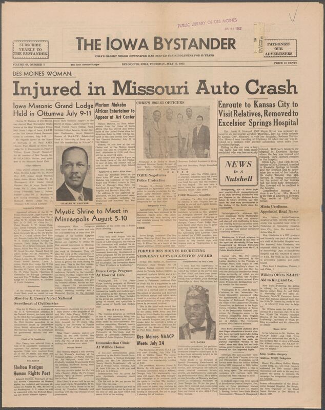 Iowa’s Bystander newspaper (going by various titles throughout the years) was established in Des Moines, Iowa in 1894. The weekly newspaper served as the voice of Iowa’s African American community and covered a variety of local, national, and occasionally international matters. Topics focused on the Black community and was founded with this intent. The newspaper went by various titles throughout the years including: Iowa State Bystander, Iowa Bystander, The Bystander, and The New Iowa Bystander.
