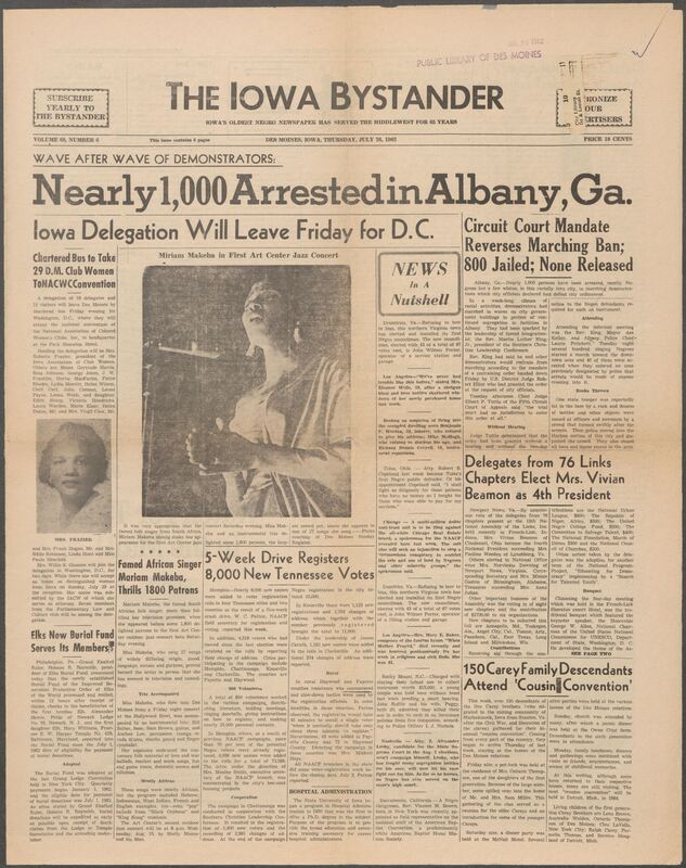 Iowa’s Bystander newspaper (going by various titles throughout the years) was established in Des Moines, Iowa in 1894. The weekly newspaper served as the voice of Iowa’s African American community and covered a variety of local, national, and occasionally international matters. Topics focused on the Black community and was founded with this intent. The newspaper went by various titles throughout the years including: Iowa State Bystander, Iowa Bystander, The Bystander, and The New Iowa Bystander.