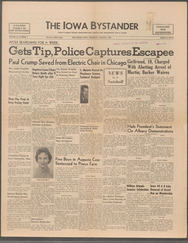 Iowa’s Bystander newspaper (going by various titles throughout the years) was established in Des Moines, Iowa in 1894. The weekly newspaper served as the voice of Iowa’s African American community and covered a variety of local, national, and occasionally international matters. Topics focused on the Black community and was founded with this intent. The newspaper went by various titles throughout the years including: Iowa State Bystander, Iowa Bystander, The Bystander, and The New Iowa Bystander.