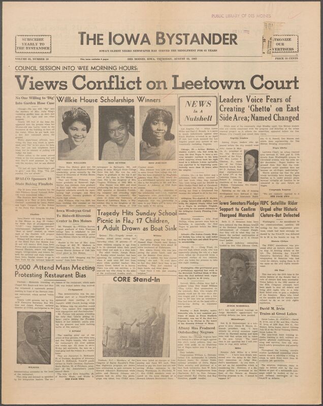 Iowa’s Bystander newspaper (going by various titles throughout the years) was established in Des Moines, Iowa in 1894. The weekly newspaper served as the voice of Iowa’s African American community and covered a variety of local, national, and occasionally international matters. Topics focused on the Black community and was founded with this intent. The newspaper went by various titles throughout the years including: Iowa State Bystander, Iowa Bystander, The Bystander, and The New Iowa Bystander.