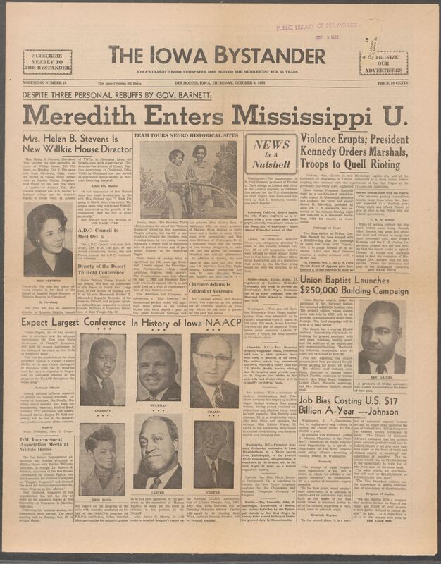 Iowa’s Bystander newspaper (going by various titles throughout the years) was established in Des Moines, Iowa in 1894. The weekly newspaper served as the voice of Iowa’s African American community and covered a variety of local, national, and occasionally international matters. Topics focused on the Black community and was founded with this intent. The newspaper went by various titles throughout the years including: Iowa State Bystander, Iowa Bystander, The Bystander, and The New Iowa Bystander.