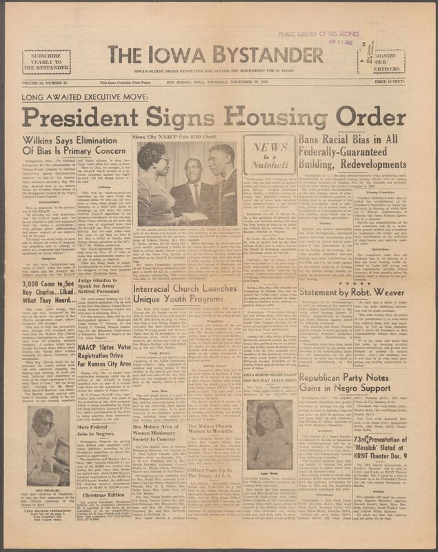 Iowa’s Bystander newspaper (going by various titles throughout the years) was established in Des Moines, Iowa in 1894. The weekly newspaper served as the voice of Iowa’s African American community and covered a variety of local, national, and occasionally international matters. Topics focused on the Black community and was founded with this intent. The newspaper went by various titles throughout the years including: Iowa State Bystander, Iowa Bystander, The Bystander, and The New Iowa Bystander.