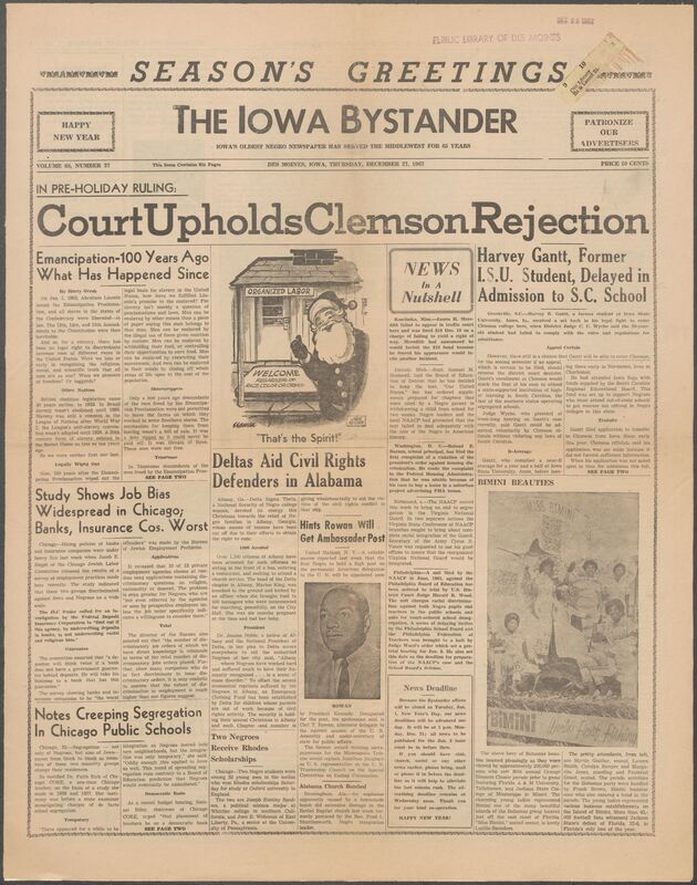 Iowa’s Bystander newspaper (going by various titles throughout the years) was established in Des Moines, Iowa in 1894. The weekly newspaper served as the voice of Iowa’s African American community and covered a variety of local, national, and occasionally international matters. Topics focused on the Black community and was founded with this intent. The newspaper went by various titles throughout the years including: Iowa State Bystander, Iowa Bystander, The Bystander, and The New Iowa Bystander.