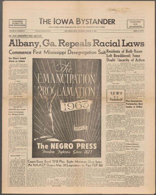 Iowa’s Bystander newspaper (going by various titles throughout the years) was established in Des Moines, Iowa in 1894. The weekly newspaper served as the voice of Iowa’s African American community and covered a variety of local, national, and occasionally international matters. Topics focused on the Black community and was founded with this intent. The newspaper went by various titles throughout the years including: Iowa State Bystander, Iowa Bystander, The Bystander, and The New Iowa Bystander.