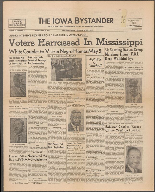 Iowa’s Bystander newspaper (going by various titles throughout the years) was established in Des Moines, Iowa in 1894. The weekly newspaper served as the voice of Iowa’s African American community and covered a variety of local, national, and occasionally international matters. Topics focused on the Black community and was founded with this intent. The newspaper went by various titles throughout the years including: Iowa State Bystander, Iowa Bystander, The Bystander, and The New Iowa Bystander.