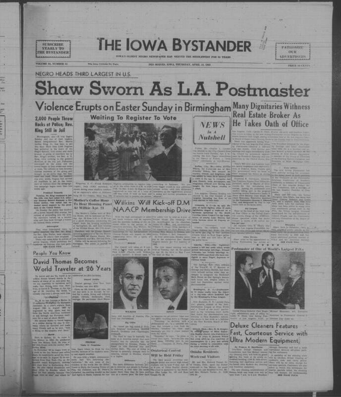 Iowa’s Bystander newspaper (going by various titles throughout the years) was established in Des Moines, Iowa in 1894. The weekly newspaper served as the voice of Iowa’s African American community and covered a variety of local, national, and occasionally international matters. Topics focused on the Black community and was founded with this intent. The newspaper went by various titles throughout the years including: Iowa State Bystander, Iowa Bystander, The Bystander, and The New Iowa Bystander.