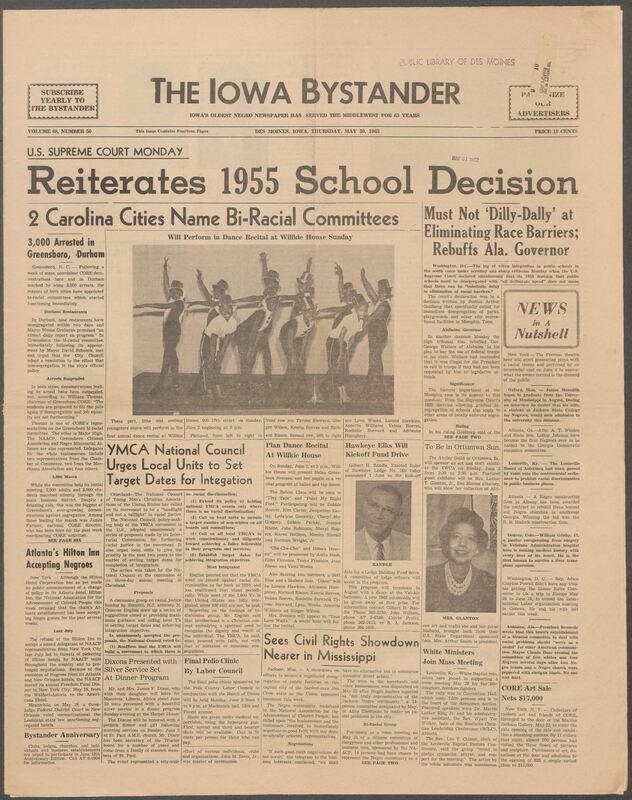 Iowa’s Bystander newspaper (going by various titles throughout the years) was established in Des Moines, Iowa in 1894. The weekly newspaper served as the voice of Iowa’s African American community and covered a variety of local, national, and occasionally international matters. Topics focused on the Black community and was founded with this intent. The newspaper went by various titles throughout the years including: Iowa State Bystander, Iowa Bystander, The Bystander, and The New Iowa Bystander.