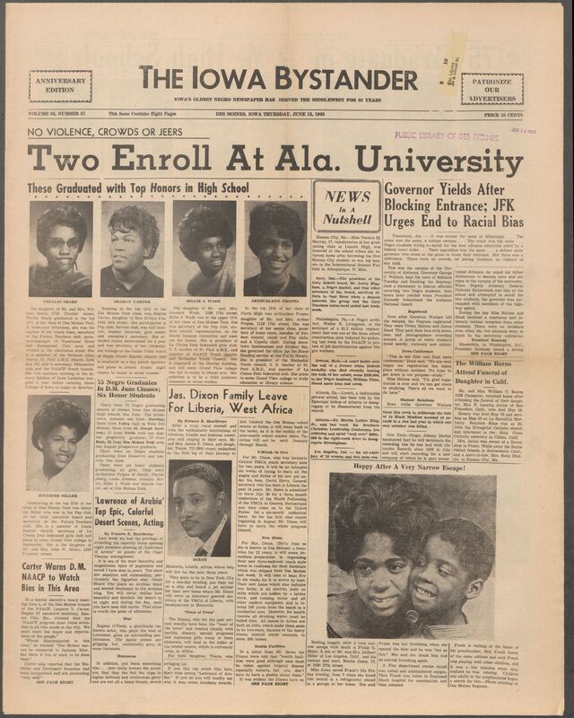 Iowa’s Bystander newspaper (going by various titles throughout the years) was established in Des Moines, Iowa in 1894. The weekly newspaper served as the voice of Iowa’s African American community and covered a variety of local, national, and occasionally international matters. Topics focused on the Black community and was founded with this intent. The newspaper went by various titles throughout the years including: Iowa State Bystander, Iowa Bystander, The Bystander, and The New Iowa Bystander.