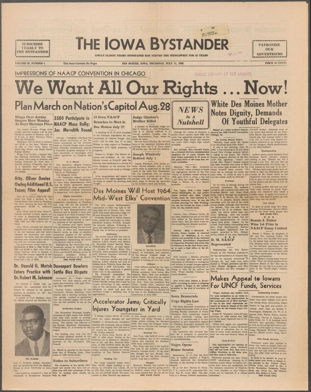 Iowa’s Bystander newspaper (going by various titles throughout the years) was established in Des Moines, Iowa in 1894. The weekly newspaper served as the voice of Iowa’s African American community and covered a variety of local, national, and occasionally international matters. Topics focused on the Black community and was founded with this intent. The newspaper went by various titles throughout the years including: Iowa State Bystander, Iowa Bystander, The Bystander, and The New Iowa Bystander.