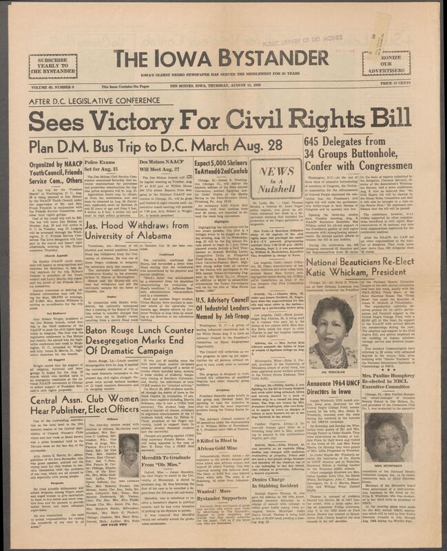 Iowa’s Bystander newspaper (going by various titles throughout the years) was established in Des Moines, Iowa in 1894. The weekly newspaper served as the voice of Iowa’s African American community and covered a variety of local, national, and occasionally international matters. Topics focused on the Black community and was founded with this intent. The newspaper went by various titles throughout the years including: Iowa State Bystander, Iowa Bystander, The Bystander, and The New Iowa Bystander.