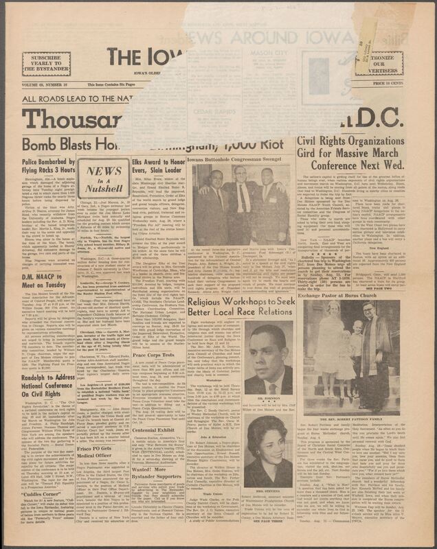Iowa’s Bystander newspaper (going by various titles throughout the years) was established in Des Moines, Iowa in 1894. The weekly newspaper served as the voice of Iowa’s African American community and covered a variety of local, national, and occasionally international matters. Topics focused on the Black community and was founded with this intent. The newspaper went by various titles throughout the years including: Iowa State Bystander, Iowa Bystander, The Bystander, and The New Iowa Bystander.