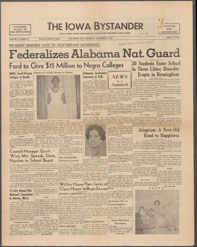 Iowa’s Bystander newspaper (going by various titles throughout the years) was established in Des Moines, Iowa in 1894. The weekly newspaper served as the voice of Iowa’s African American community and covered a variety of local, national, and occasionally international matters. Topics focused on the Black community and was founded with this intent. The newspaper went by various titles throughout the years including: Iowa State Bystander, Iowa Bystander, The Bystander, and The New Iowa Bystander.