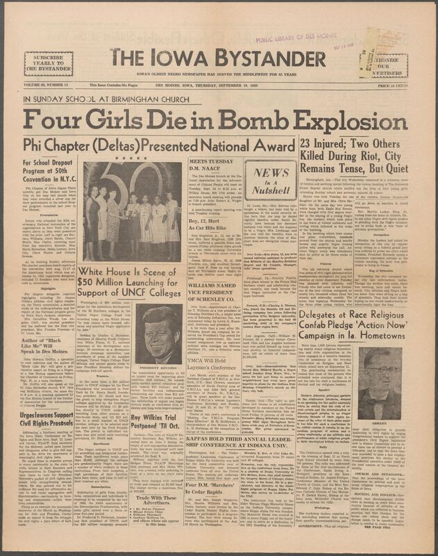 Iowa’s Bystander newspaper (going by various titles throughout the years) was established in Des Moines, Iowa in 1894. The weekly newspaper served as the voice of Iowa’s African American community and covered a variety of local, national, and occasionally international matters. Topics focused on the Black community and was founded with this intent. The newspaper went by various titles throughout the years including: Iowa State Bystander, Iowa Bystander, The Bystander, and The New Iowa Bystander.