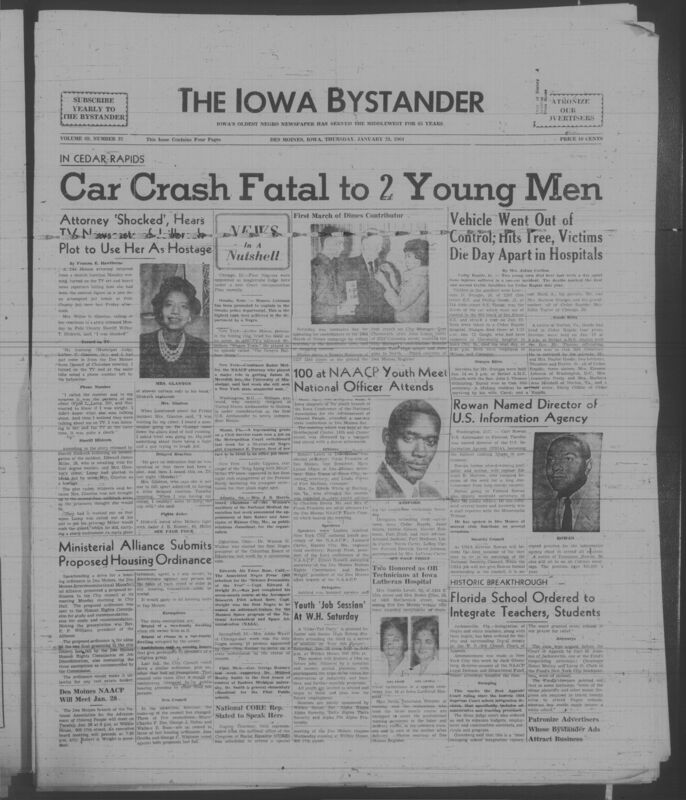 Iowa’s Bystander newspaper (going by various titles throughout the years) was established in Des Moines, Iowa in 1894. The weekly newspaper served as the voice of Iowa’s African American community and covered a variety of local, national, and occasionally international matters. Topics focused on the Black community and was founded with this intent. The newspaper went by various titles throughout the years including: Iowa State Bystander, Iowa Bystander, The Bystander, and The New Iowa Bystander.