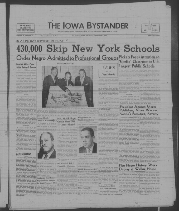 Iowa’s Bystander newspaper (going by various titles throughout the years) was established in Des Moines, Iowa in 1894. The weekly newspaper served as the voice of Iowa’s African American community and covered a variety of local, national, and occasionally international matters. Topics focused on the Black community and was founded with this intent. The newspaper went by various titles throughout the years including: Iowa State Bystander, Iowa Bystander, The Bystander, and The New Iowa Bystander.