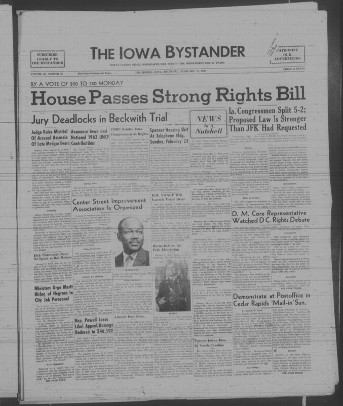 Iowa’s Bystander newspaper (going by various titles throughout the years) was established in Des Moines, Iowa in 1894. The weekly newspaper served as the voice of Iowa’s African American community and covered a variety of local, national, and occasionally international matters. Topics focused on the Black community and was founded with this intent. The newspaper went by various titles throughout the years including: Iowa State Bystander, Iowa Bystander, The Bystander, and The New Iowa Bystander.