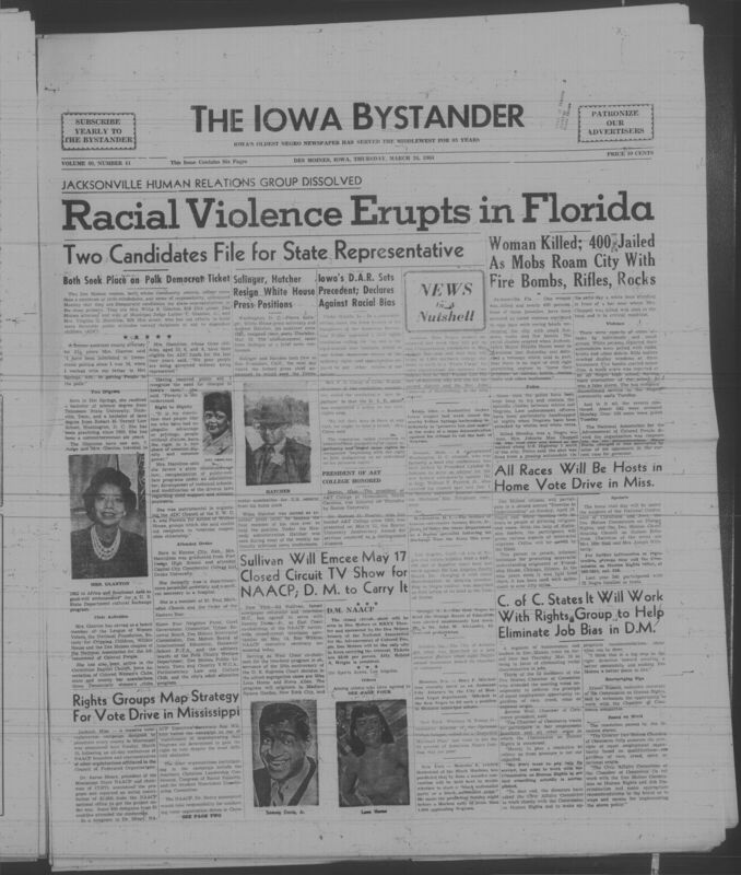 Iowa’s Bystander newspaper (going by various titles throughout the years) was established in Des Moines, Iowa in 1894. The weekly newspaper served as the voice of Iowa’s African American community and covered a variety of local, national, and occasionally international matters. Topics focused on the Black community and was founded with this intent. The newspaper went by various titles throughout the years including: Iowa State Bystander, Iowa Bystander, The Bystander, and The New Iowa Bystander.