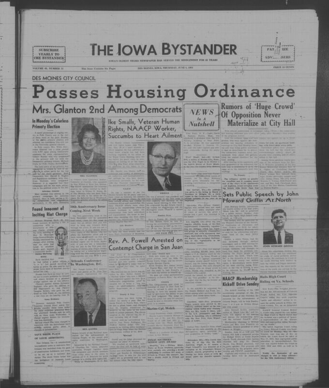 Iowa’s Bystander newspaper (going by various titles throughout the years) was established in Des Moines, Iowa in 1894. The weekly newspaper served as the voice of Iowa’s African American community and covered a variety of local, national, and occasionally international matters. Topics focused on the Black community and was founded with this intent. The newspaper went by various titles throughout the years including: Iowa State Bystander, Iowa Bystander, The Bystander, and The New Iowa Bystander.