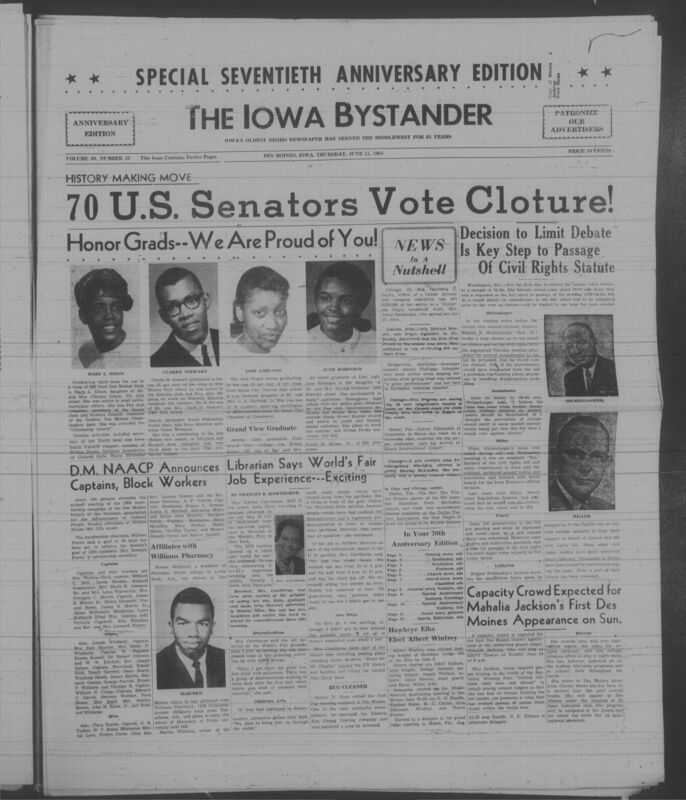 Iowa’s Bystander newspaper (going by various titles throughout the years) was established in Des Moines, Iowa in 1894. The weekly newspaper served as the voice of Iowa’s African American community and covered a variety of local, national, and occasionally international matters. Topics focused on the Black community and was founded with this intent. The newspaper went by various titles throughout the years including: Iowa State Bystander, Iowa Bystander, The Bystander, and The New Iowa Bystander.