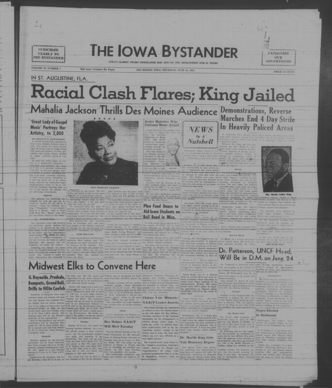 Iowa’s Bystander newspaper (going by various titles throughout the years) was established in Des Moines, Iowa in 1894. The weekly newspaper served as the voice of Iowa’s African American community and covered a variety of local, national, and occasionally international matters. Topics focused on the Black community and was founded with this intent. The newspaper went by various titles throughout the years including: Iowa State Bystander, Iowa Bystander, The Bystander, and The New Iowa Bystander.