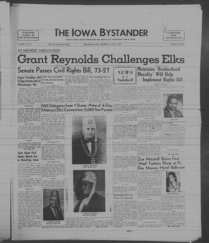 Iowa’s Bystander newspaper (going by various titles throughout the years) was established in Des Moines, Iowa in 1894. The weekly newspaper served as the voice of Iowa’s African American community and covered a variety of local, national, and occasionally international matters. Topics focused on the Black community and was founded with this intent. The newspaper went by various titles throughout the years including: Iowa State Bystander, Iowa Bystander, The Bystander, and The New Iowa Bystander.