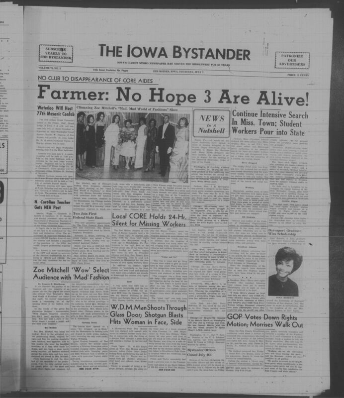 Iowa’s Bystander newspaper (going by various titles throughout the years) was established in Des Moines, Iowa in 1894. The weekly newspaper served as the voice of Iowa’s African American community and covered a variety of local, national, and occasionally international matters. Topics focused on the Black community and was founded with this intent. The newspaper went by various titles throughout the years including: Iowa State Bystander, Iowa Bystander, The Bystander, and The New Iowa Bystander.