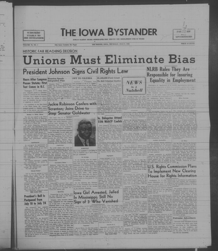 Iowa’s Bystander newspaper (going by various titles throughout the years) was established in Des Moines, Iowa in 1894. The weekly newspaper served as the voice of Iowa’s African American community and covered a variety of local, national, and occasionally international matters. Topics focused on the Black community and was founded with this intent. The newspaper went by various titles throughout the years including: Iowa State Bystander, Iowa Bystander, The Bystander, and The New Iowa Bystander.