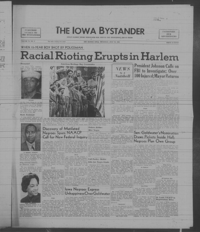 Iowa’s Bystander newspaper (going by various titles throughout the years) was established in Des Moines, Iowa in 1894. The weekly newspaper served as the voice of Iowa’s African American community and covered a variety of local, national, and occasionally international matters. Topics focused on the Black community and was founded with this intent. The newspaper went by various titles throughout the years including: Iowa State Bystander, Iowa Bystander, The Bystander, and The New Iowa Bystander.