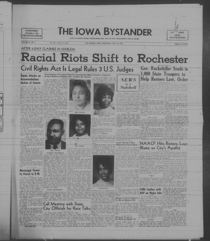 Iowa’s Bystander newspaper (going by various titles throughout the years) was established in Des Moines, Iowa in 1894. The weekly newspaper served as the voice of Iowa’s African American community and covered a variety of local, national, and occasionally international matters. Topics focused on the Black community and was founded with this intent. The newspaper went by various titles throughout the years including: Iowa State Bystander, Iowa Bystander, The Bystander, and The New Iowa Bystander.