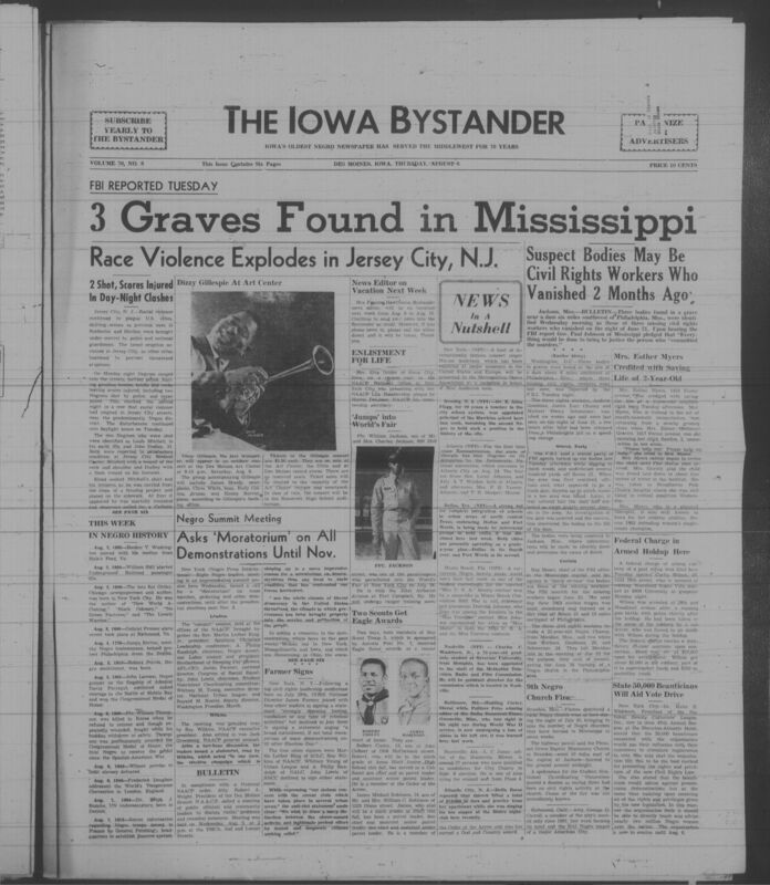 Iowa’s Bystander newspaper (going by various titles throughout the years) was established in Des Moines, Iowa in 1894. The weekly newspaper served as the voice of Iowa’s African American community and covered a variety of local, national, and occasionally international matters. Topics focused on the Black community and was founded with this intent. The newspaper went by various titles throughout the years including: Iowa State Bystander, Iowa Bystander, The Bystander, and The New Iowa Bystander.