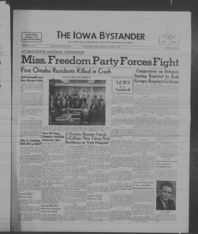 Iowa’s Bystander newspaper (going by various titles throughout the years) was established in Des Moines, Iowa in 1894. The weekly newspaper served as the voice of Iowa’s African American community and covered a variety of local, national, and occasionally international matters. Topics focused on the Black community and was founded with this intent. The newspaper went by various titles throughout the years including: Iowa State Bystander, Iowa Bystander, The Bystander, and The New Iowa Bystander.