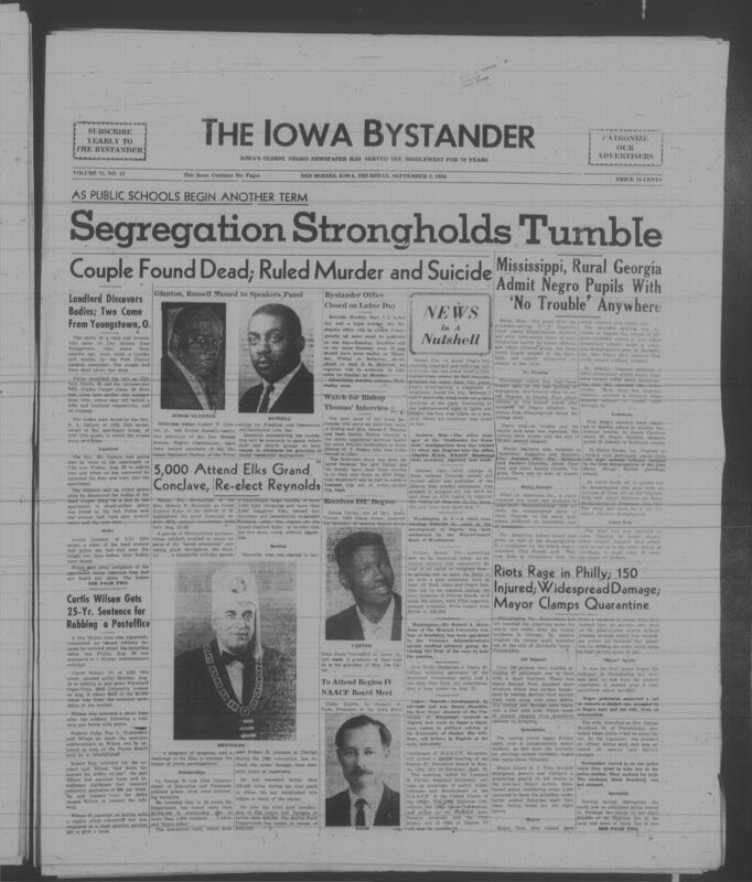 Iowa’s Bystander newspaper (going by various titles throughout the years) was established in Des Moines, Iowa in 1894. The weekly newspaper served as the voice of Iowa’s African American community and covered a variety of local, national, and occasionally international matters. Topics focused on the Black community and was founded with this intent. The newspaper went by various titles throughout the years including: Iowa State Bystander, Iowa Bystander, The Bystander, and The New Iowa Bystander.