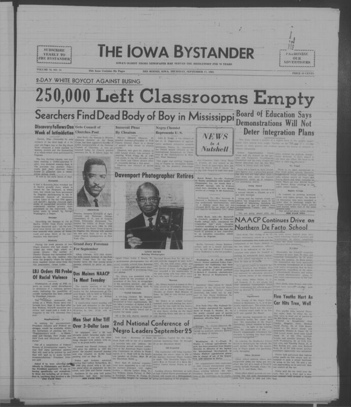 Iowa’s Bystander newspaper (going by various titles throughout the years) was established in Des Moines, Iowa in 1894. The weekly newspaper served as the voice of Iowa’s African American community and covered a variety of local, national, and occasionally international matters. Topics focused on the Black community and was founded with this intent. The newspaper went by various titles throughout the years including: Iowa State Bystander, Iowa Bystander, The Bystander, and The New Iowa Bystander.