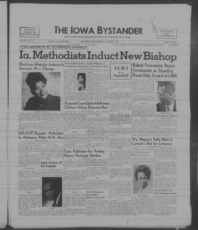 Iowa’s Bystander newspaper (going by various titles throughout the years) was established in Des Moines, Iowa in 1894. The weekly newspaper served as the voice of Iowa’s African American community and covered a variety of local, national, and occasionally international matters. Topics focused on the Black community and was founded with this intent. The newspaper went by various titles throughout the years including: Iowa State Bystander, Iowa Bystander, The Bystander, and The New Iowa Bystander.