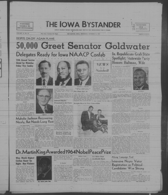 Iowa’s Bystander newspaper (going by various titles throughout the years) was established in Des Moines, Iowa in 1894. The weekly newspaper served as the voice of Iowa’s African American community and covered a variety of local, national, and occasionally international matters. Topics focused on the Black community and was founded with this intent. The newspaper went by various titles throughout the years including: Iowa State Bystander, Iowa Bystander, The Bystander, and The New Iowa Bystander.