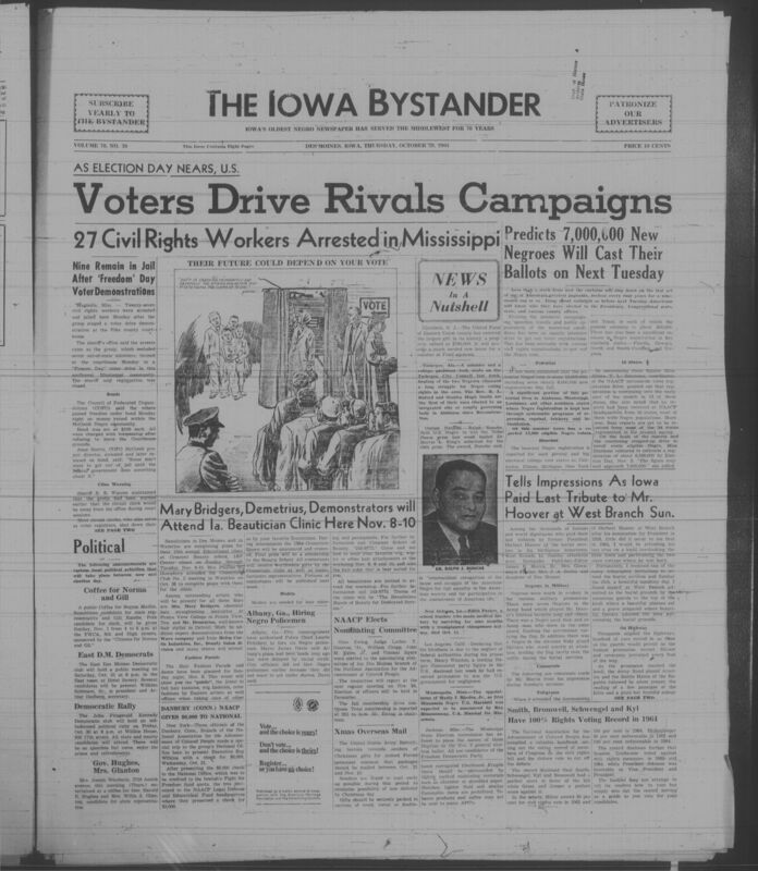 Iowa’s Bystander newspaper (going by various titles throughout the years) was established in Des Moines, Iowa in 1894. The weekly newspaper served as the voice of Iowa’s African American community and covered a variety of local, national, and occasionally international matters. Topics focused on the Black community and was founded with this intent. The newspaper went by various titles throughout the years including: Iowa State Bystander, Iowa Bystander, The Bystander, and The New Iowa Bystander.