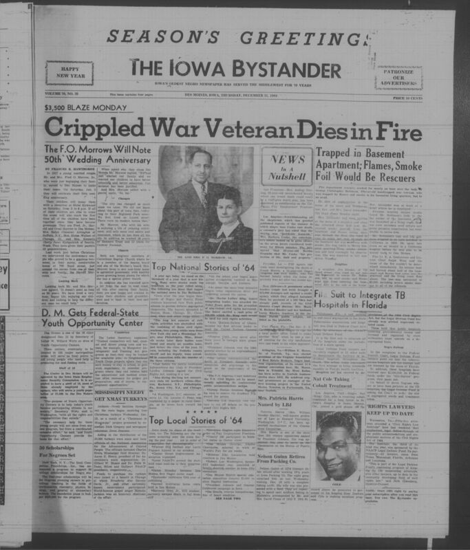 Iowa’s Bystander newspaper (going by various titles throughout the years) was established in Des Moines, Iowa in 1894. The weekly newspaper served as the voice of Iowa’s African American community and covered a variety of local, national, and occasionally international matters. Topics focused on the Black community and was founded with this intent. The newspaper went by various titles throughout the years including: Iowa State Bystander, Iowa Bystander, The Bystander, and The New Iowa Bystander.