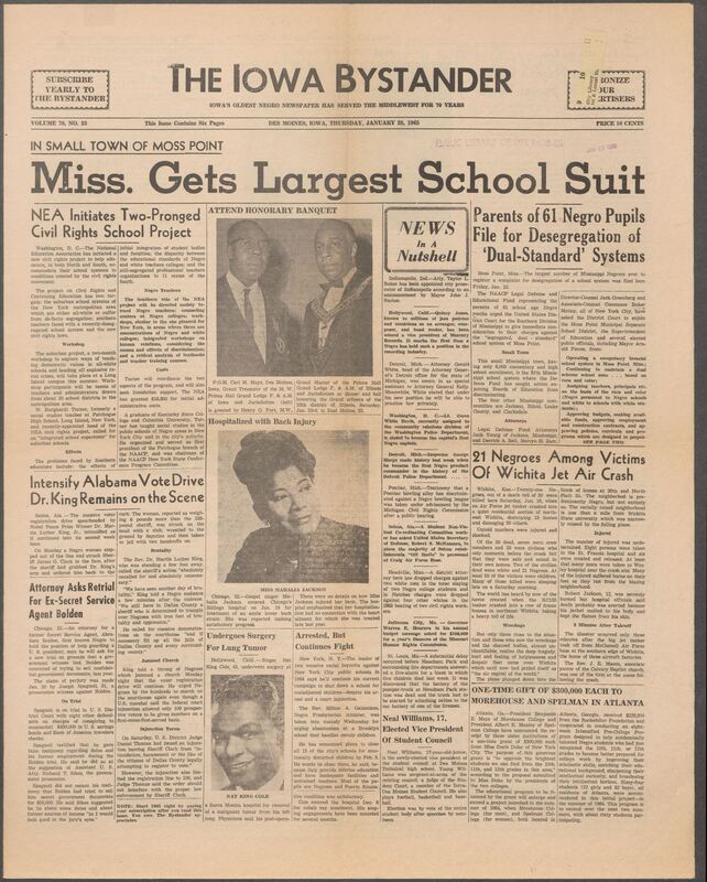 Iowa’s Bystander newspaper (going by various titles throughout the years) was established in Des Moines, Iowa in 1894. The weekly newspaper served as the voice of Iowa’s African American community and covered a variety of local, national, and occasionally international matters. Topics focused on the Black community and was founded with this intent. The newspaper went by various titles throughout the years including: Iowa State Bystander, Iowa Bystander, The Bystander, and The New Iowa Bystander.