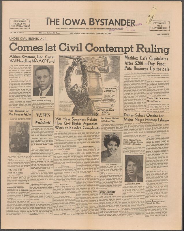 Iowa’s Bystander newspaper (going by various titles throughout the years) was established in Des Moines, Iowa in 1894. The weekly newspaper served as the voice of Iowa’s African American community and covered a variety of local, national, and occasionally international matters. Topics focused on the Black community and was founded with this intent. The newspaper went by various titles throughout the years including: Iowa State Bystander, Iowa Bystander, The Bystander, and The New Iowa Bystander.