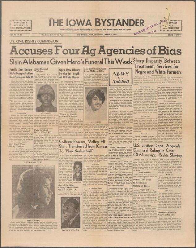 Iowa’s Bystander newspaper (going by various titles throughout the years) was established in Des Moines, Iowa in 1894. The weekly newspaper served as the voice of Iowa’s African American community and covered a variety of local, national, and occasionally international matters. Topics focused on the Black community and was founded with this intent. The newspaper went by various titles throughout the years including: Iowa State Bystander, Iowa Bystander, The Bystander, and The New Iowa Bystander.