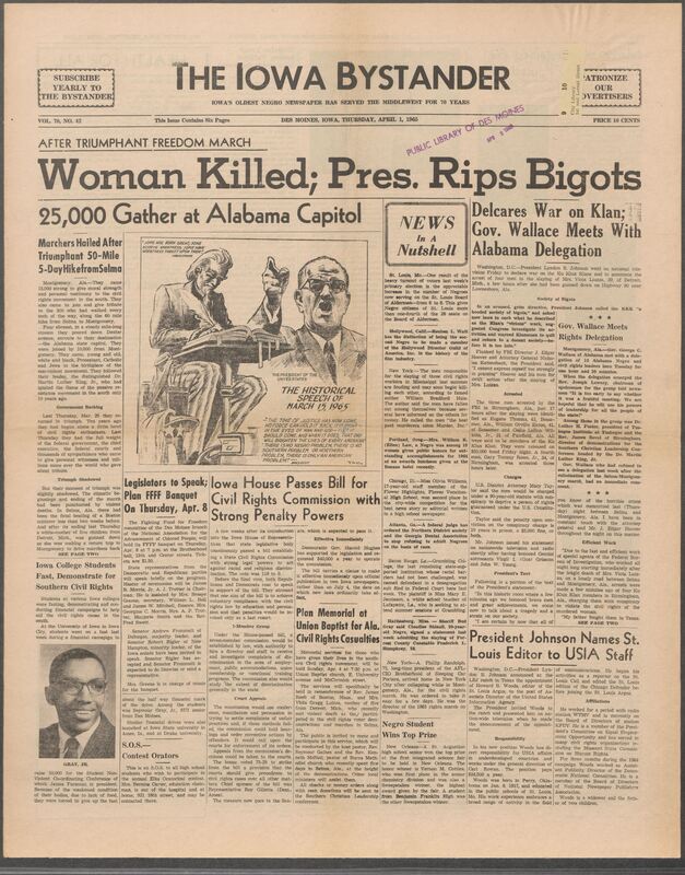 Iowa’s Bystander newspaper (going by various titles throughout the years) was established in Des Moines, Iowa in 1894. The weekly newspaper served as the voice of Iowa’s African American community and covered a variety of local, national, and occasionally international matters. Topics focused on the Black community and was founded with this intent. The newspaper went by various titles throughout the years including: Iowa State Bystander, Iowa Bystander, The Bystander, and The New Iowa Bystander.