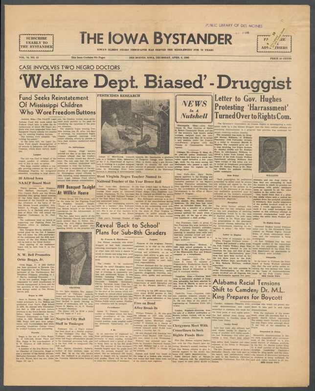 Iowa’s Bystander newspaper (going by various titles throughout the years) was established in Des Moines, Iowa in 1894. The weekly newspaper served as the voice of Iowa’s African American community and covered a variety of local, national, and occasionally international matters. Topics focused on the Black community and was founded with this intent. The newspaper went by various titles throughout the years including: Iowa State Bystander, Iowa Bystander, The Bystander, and The New Iowa Bystander.