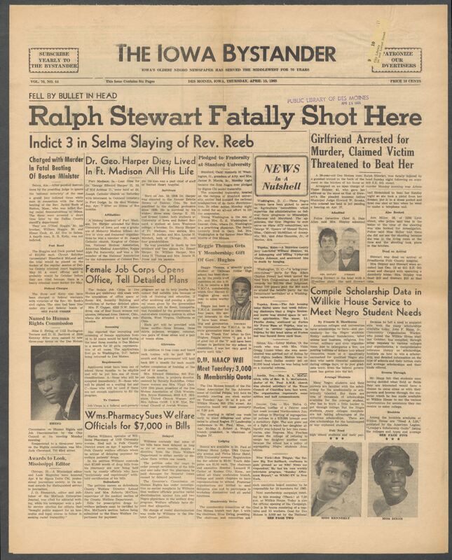 Iowa’s Bystander newspaper (going by various titles throughout the years) was established in Des Moines, Iowa in 1894. The weekly newspaper served as the voice of Iowa’s African American community and covered a variety of local, national, and occasionally international matters. Topics focused on the Black community and was founded with this intent. The newspaper went by various titles throughout the years including: Iowa State Bystander, Iowa Bystander, The Bystander, and The New Iowa Bystander.