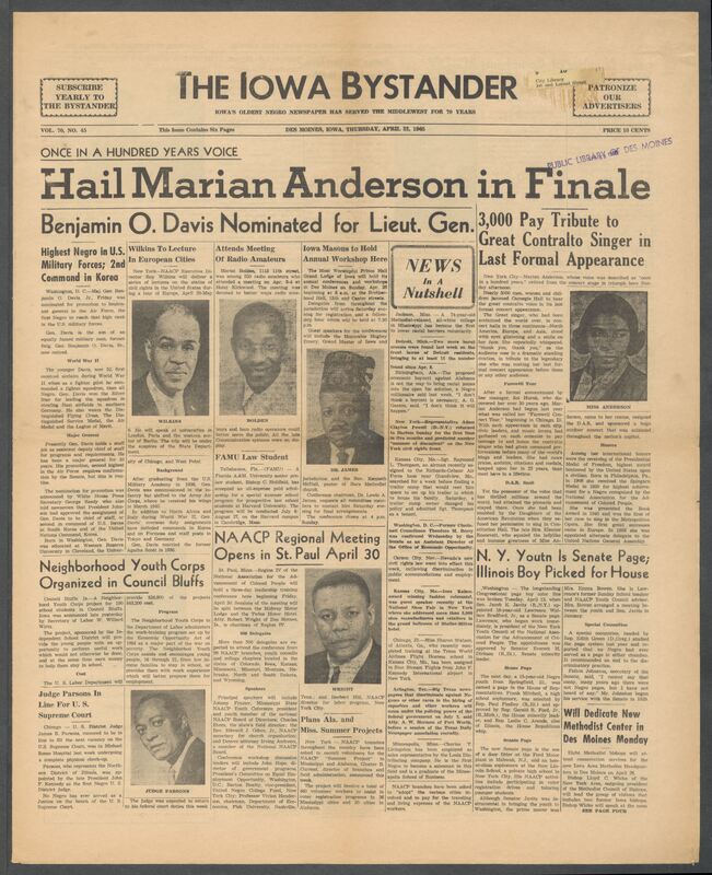 Iowa’s Bystander newspaper (going by various titles throughout the years) was established in Des Moines, Iowa in 1894. The weekly newspaper served as the voice of Iowa’s African American community and covered a variety of local, national, and occasionally international matters. Topics focused on the Black community and was founded with this intent. The newspaper went by various titles throughout the years including: Iowa State Bystander, Iowa Bystander, The Bystander, and The New Iowa Bystander.