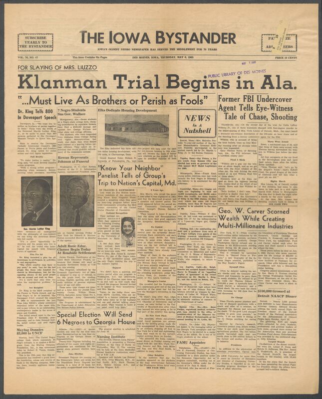 Iowa’s Bystander newspaper (going by various titles throughout the years) was established in Des Moines, Iowa in 1894. The weekly newspaper served as the voice of Iowa’s African American community and covered a variety of local, national, and occasionally international matters. Topics focused on the Black community and was founded with this intent. The newspaper went by various titles throughout the years including: Iowa State Bystander, Iowa Bystander, The Bystander, and The New Iowa Bystander.
